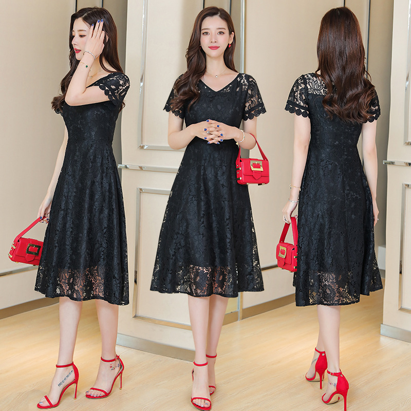 พร้อมส่ง !! ชุดเดรสลูกไม้สีดำ แขนสั้น กระโปรงทรงบานคลุมเข่า แนวเรียบหรู แบบสวยสุภาพเรียบร้อย