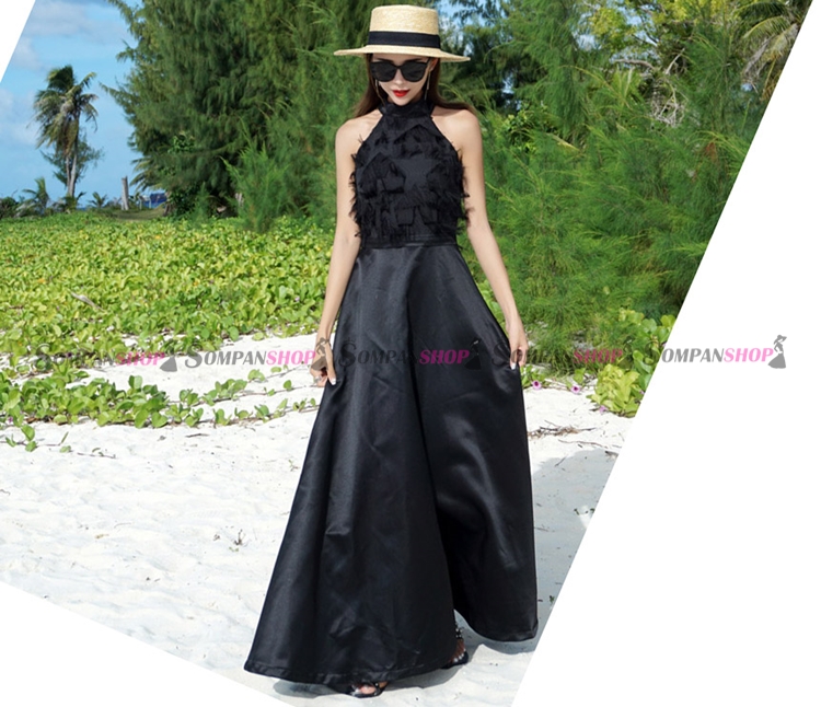 SALE : ชุดเดรสยาวสีดำ แขนกุด แต่งขนฟรุ้งฟริ้งน่ารัก กระโปรงยาวทรงบาน แนวสวยหวาน น่ารักๆ