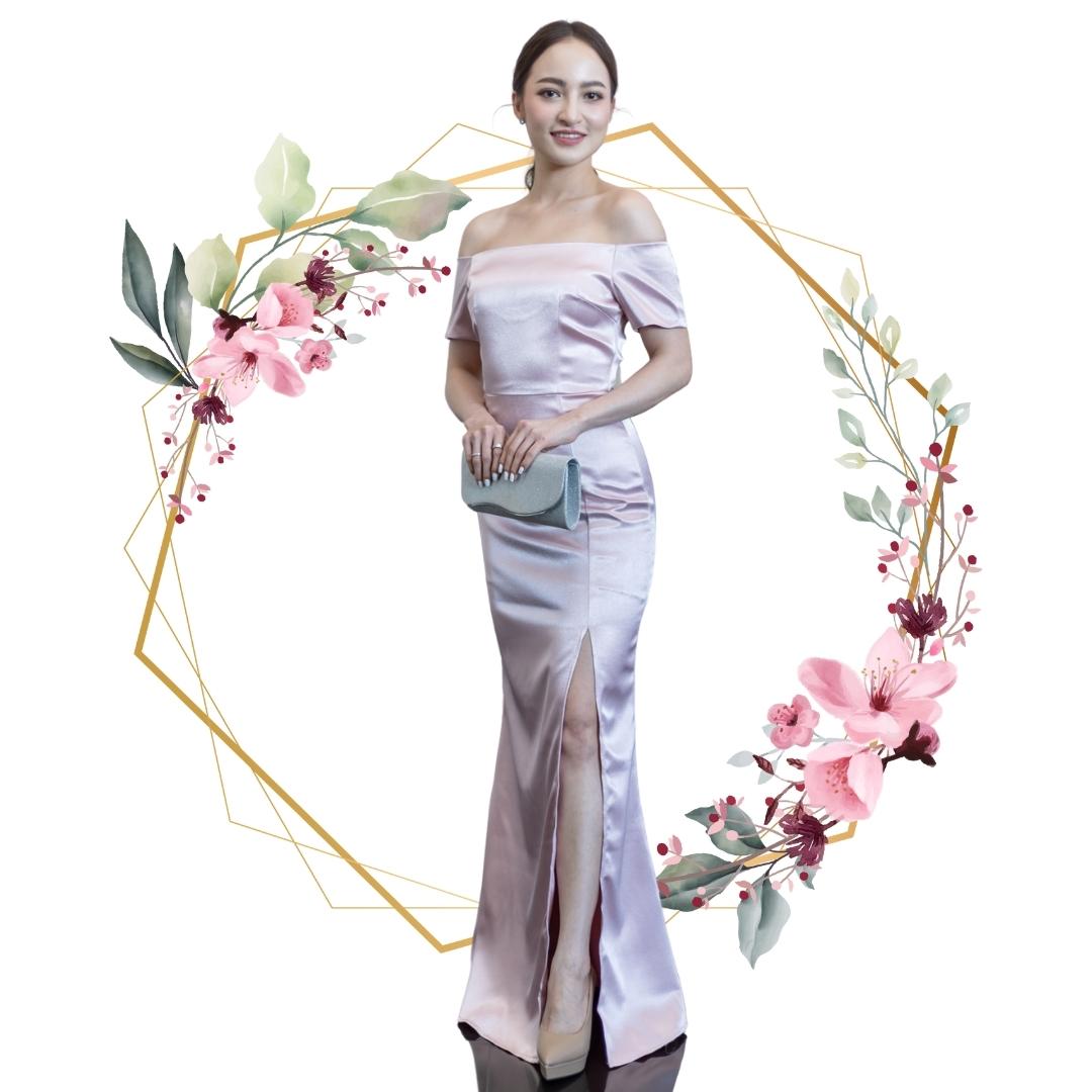 ชุดออกงานราตรียาวสีชมพู เปิดไหล่ เรียบหรูดูแพง สวยดูดี ใส่ออกงานราตรี ไปงานแต่งงาน งานเลี้ยง งานบายเนียร์