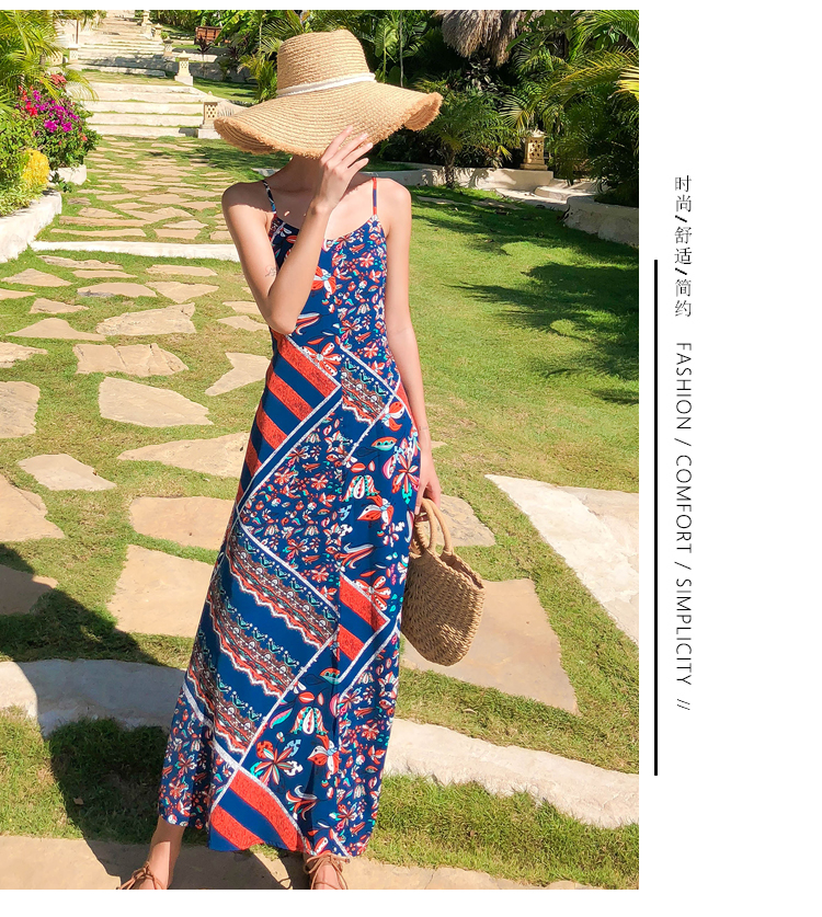 ชุดไปทะเล เดรสเที่ยวทะเล เดรสยาวสีน้ำเงินพิมพ์ลายโบฮีมเียน แฟชั่นแต่งตัวไปทะเลน่ารักๆ