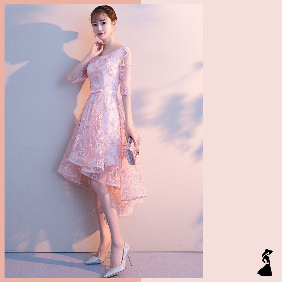 ชุดราตรี ชุดออกงาน ชุดไปงานแต่งงาน สีชมพูโอรส คอกลม แขนสั้น กระโปรงหน้าสั้นหน้า