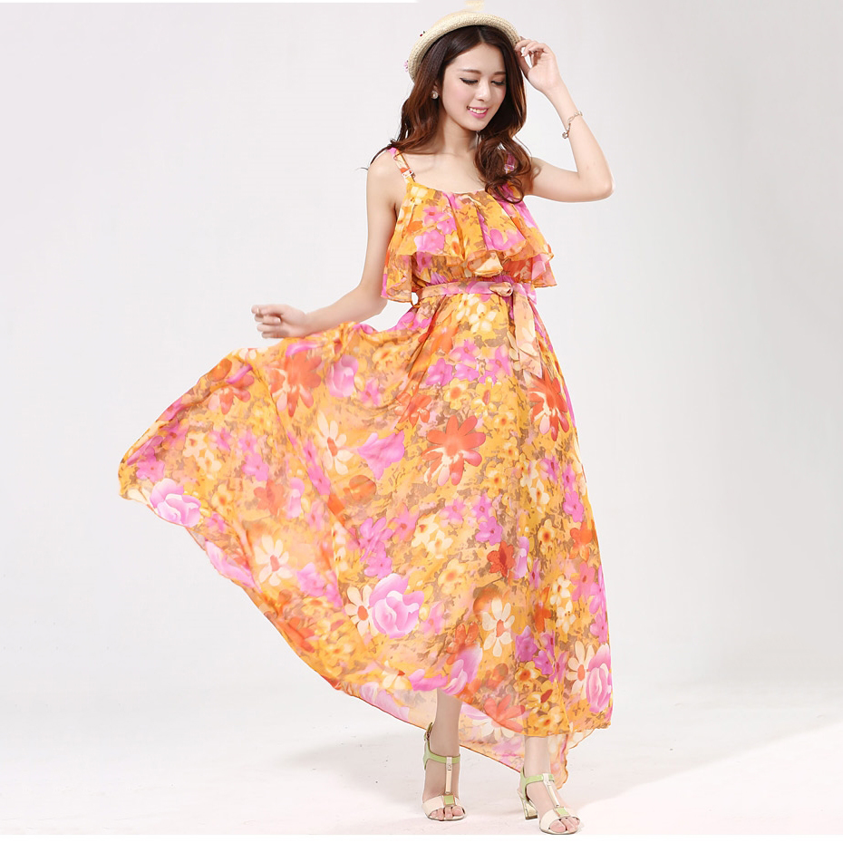 ชุดเดรสเที่ยวทะเล ลายดอกไม้ สายเดี่ยว อกแต่งระบาย