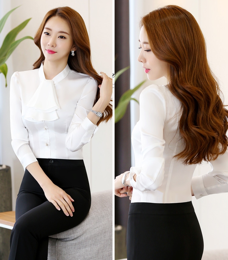 เสื้อเชิ้ตผู้หญิงสีขาว คอระบาย แขนยาว กระดุมหน้า : S M L XL 2XL 3XL