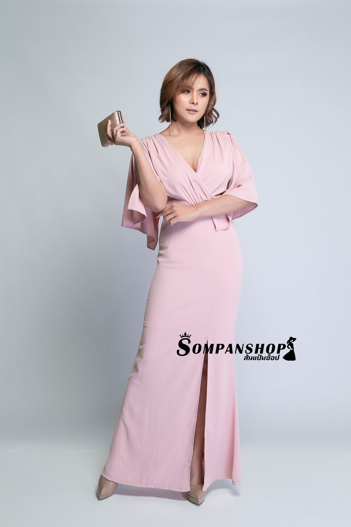 ชุดออกงานราตรียาวสีชมพู แขนสั้นระบายปีกค้างคาว กระโปรงยาวผ่าหน้า เรียบหรูดูแพง สวยสง่า ใส่ออกงาน ไปงานราตรี ไปงานแต่งงาน