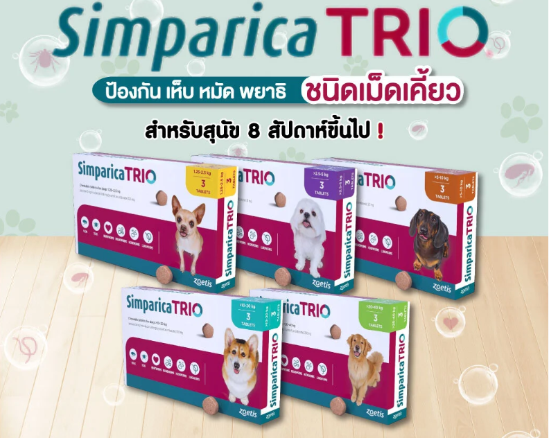 Simparica TRIO ซิมพาริคา ทรีโอ้ ชนิดเม็ดเคี้ยว ป้องกันเห็บหมัดและพยาธิ