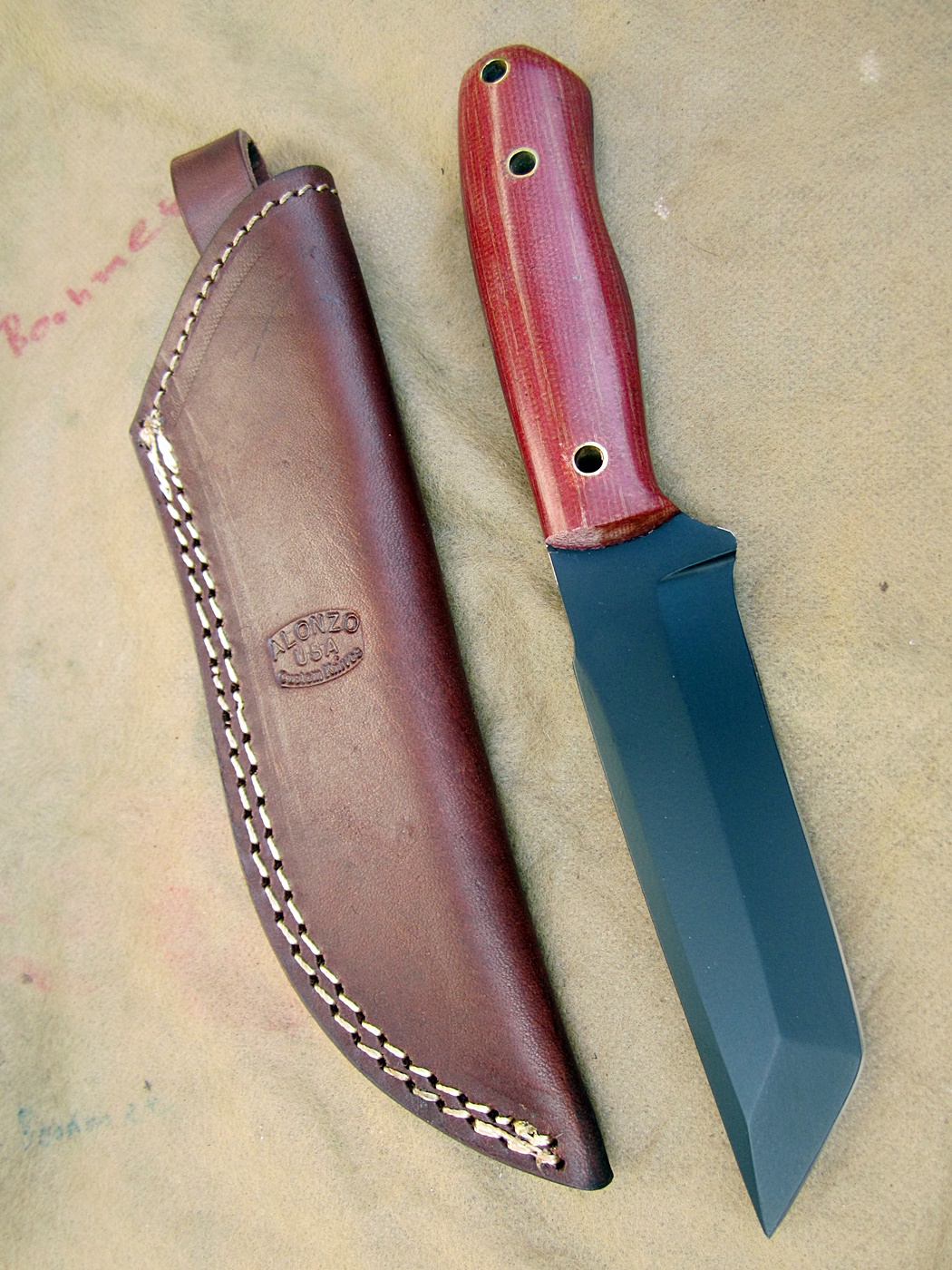 มีดพกสั่น ALONZO KNIVES USA CUSTOM HANDMADE TANTO POWDER COATED 1095 STEEL KNIFE 293