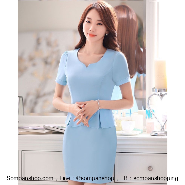 Sale ชุดเดรสสั้นสีฟ้า ทรงเข้ารูป เอวแต่งระบาย ทรงเรียบๆ สวย ดูดี สไตล์สาวออฟฟิศ