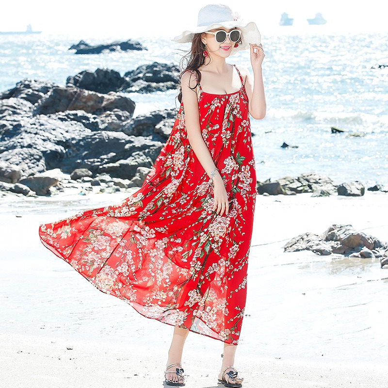 พร้อมส่ง !! ชุดเดรสยาวสีแดงลายดอกไม้ สายเดี่ยว เดรสทรงปล่อย ชุดใส่เดินเล่นถ่ายรูปริมชายหาดสวยๆ แฟชั่นชุดไปทะเล ชุดเที่ยวทะเล