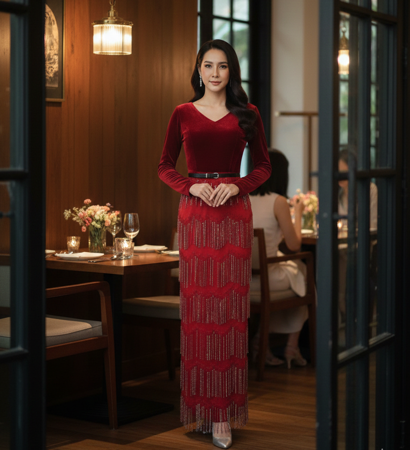 ชุดราตรียาวสีแดง ชุดแม่เจ้าสาว งานราตรี ชุดไปงานแต่งงาน