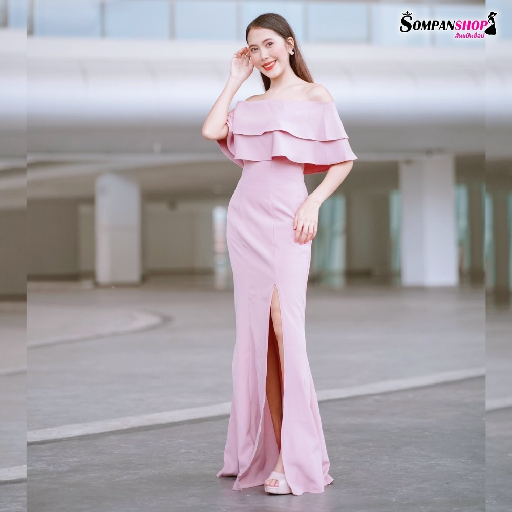 ชุดราตรี ชุดออกงาน ชุดไปงานแต่งงานสีชมพู เดรสยาวทรงเปิดไหล่แต่งระบาย แนวเรียบหรู สวยหรูดูแพง