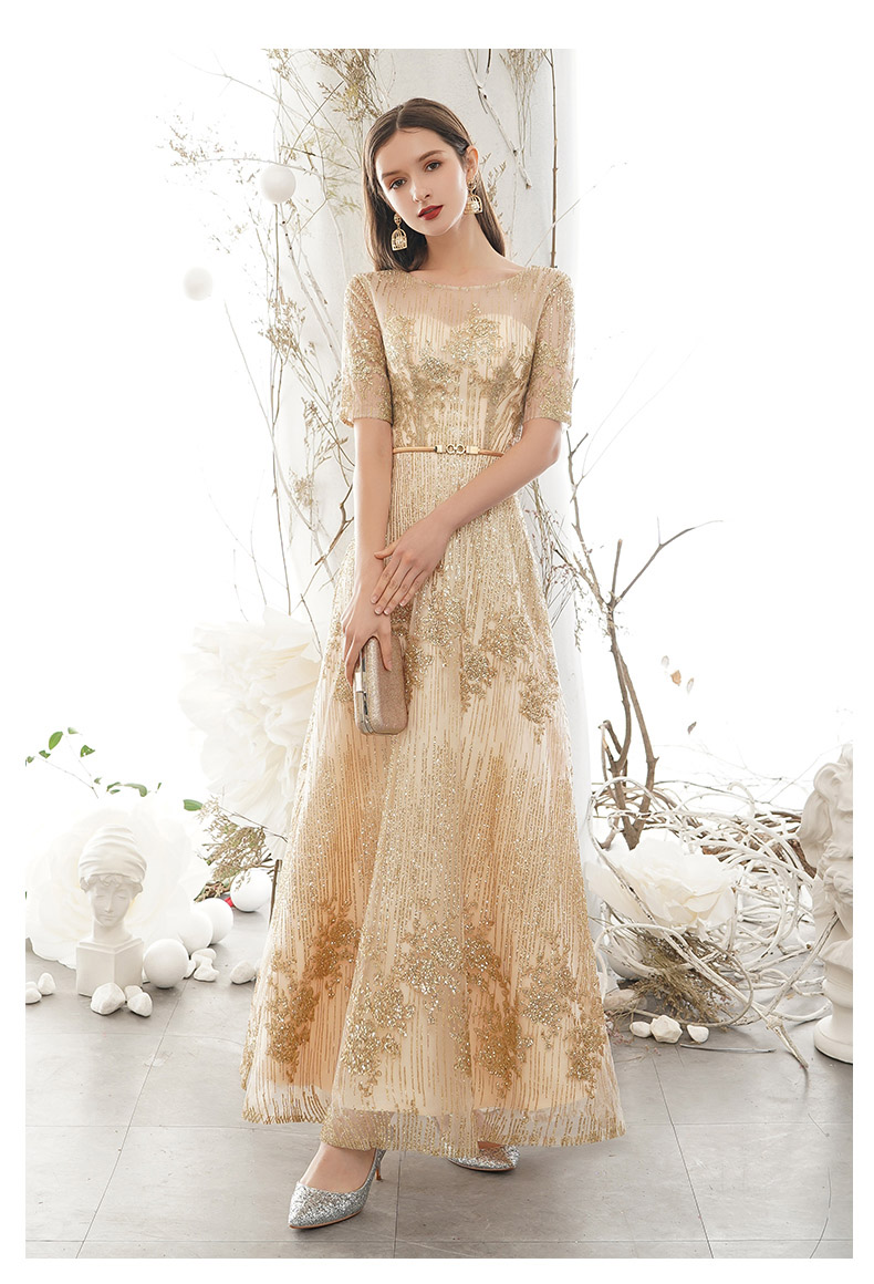 ชุดราตรียาวสีทอง ผ้ากากเพชร แขนสามส่วนกระโปรงยาว สวยหรูสง่ามากๆ ใส่เป็นชุดราตรี ชุดออกงาน ชุดไปงานแต่งงาน กลางวัน กลางคืน