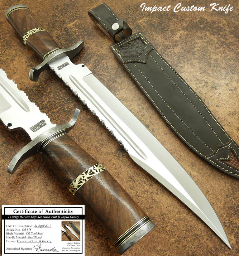 มีดใบตาย UK IMPACT CUTLERY RARE CUSTOM D2 LARGE COMBAT BOWIE KNIFE BURL WOOD DAMASCUS GUARD