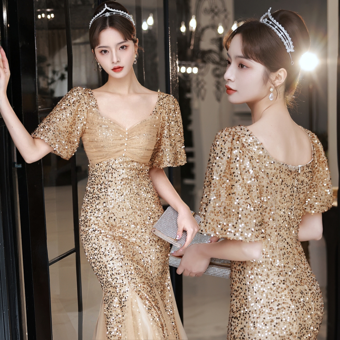 ชุดราตรียาวสีทอง สวยเรียบหรูดูแพง ใส่งานกลางวัน กลางคืน งานแต่งงาน