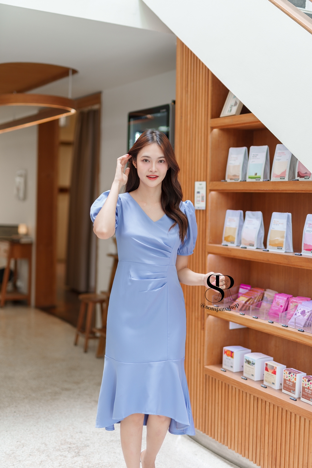 ชุดเดรสออกงานสีฟ้า เรียบหรู ดูแพง ใส่ไปงานแต่งกลางวัน/กลางคืน ชุดราตรี ชุดไปงานแต่ง ชุดออกงาน