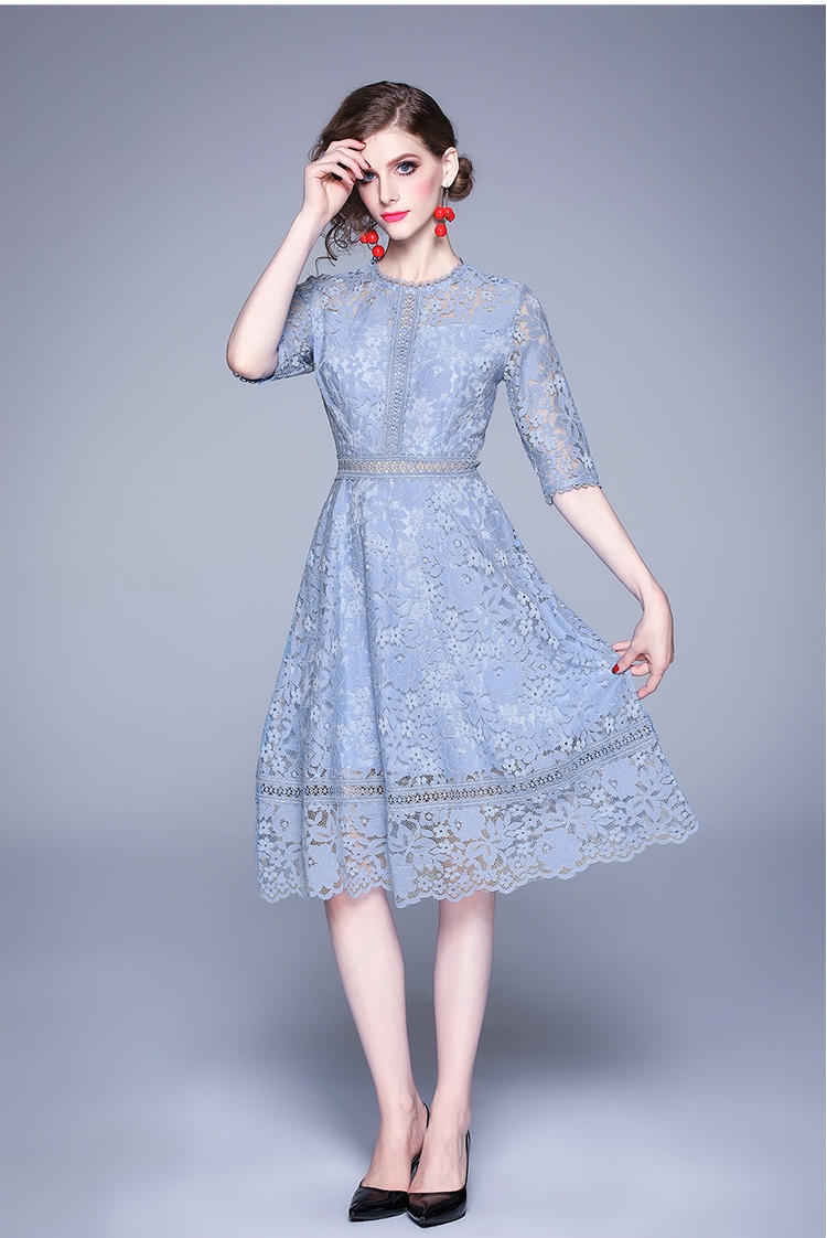 ชุดเดรสสั้นสีฟ้า ผ้าลูกไม้ แขนสามส่วน ไปงานแต่ง ออกงาน สวยหวาน เรียบร้อยดูดี