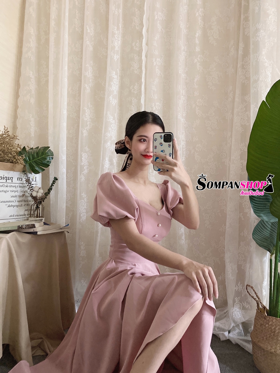 พร้อมส่ง !! ชุดราตรี ชุดไปงานแต่งงาน ชุดออกงานสีชมพู เดรสสั้นแขนตุ๊กตาแต่งกระดุมมุกกระโปรงทรงบาน สวยหวาน เรียบหรู สวยดูดี สไตล์มินิมอล ใส่ได้ทั้งงานกลางวัน กลางคืน