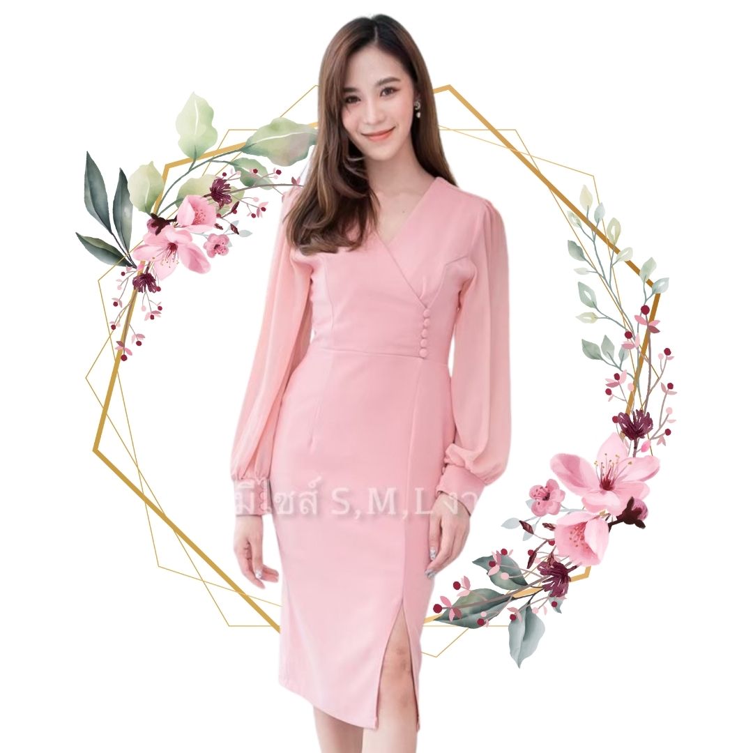 ชุดเดรสสั้นสีชมพู แขนยาว ทรงเข้ารูป แนวเรียบร้อย สวย ดูดี ใส่ทำงาน ใส่ออกงาน ไปงานแต่ง