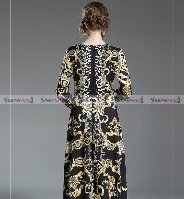 ชุดเดรสยาวสีดำพิมพ์ลายสวยๆ แขนยาว กระโปรงบาน ลุคสวยเก๋ ดูดี ( สินค้าพร้อมส่ง )