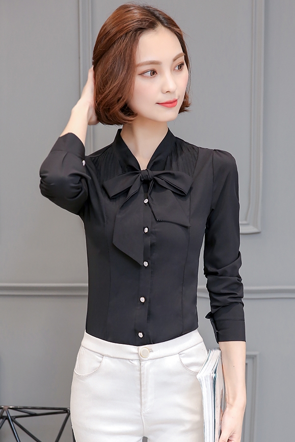 Sale เสื้อเชิ้ตผู้หญิงสีดำ แขนยาว คอผูกโบว์ กระดุมหน้า