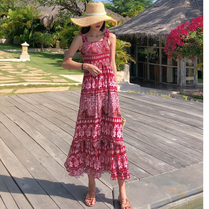 ชุดไปทะเล เดรสเที่ยวทะเล แม็กซี่เดรสสีแดงพิมพ์ลายโบฮีเมียน