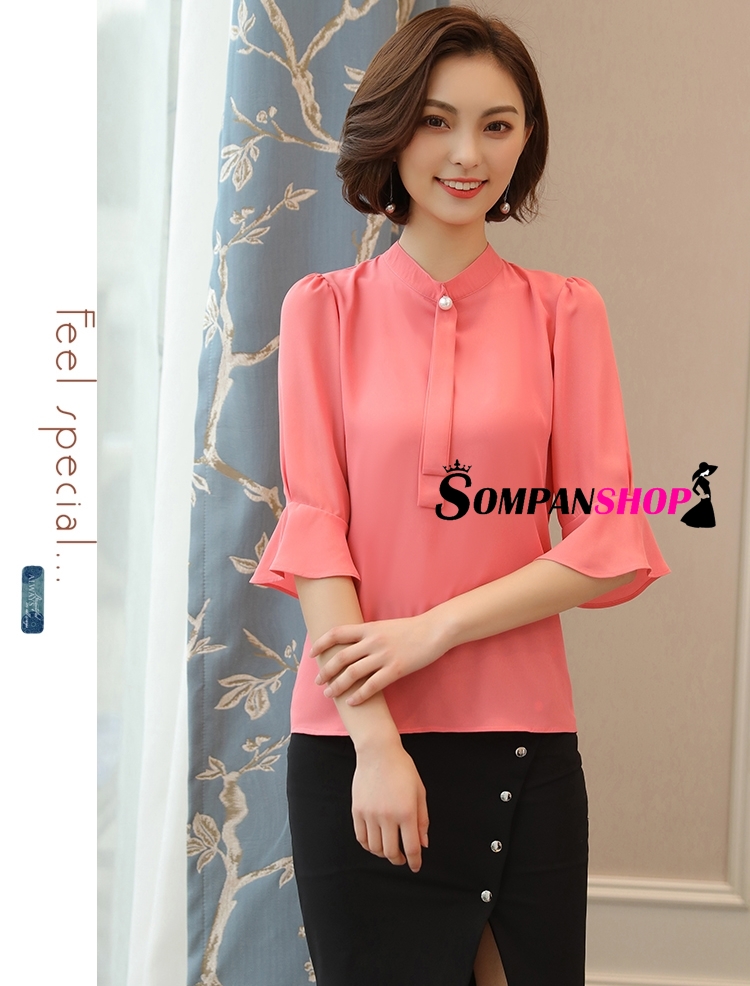 เสื้อเชิ้ตผู้หญิงสีส้มพีท แขนสี่ส่วน ผ้าชีฟอง ลุคเรียบร้อย สวยๆ สไตล์สาวออฟฟิศ