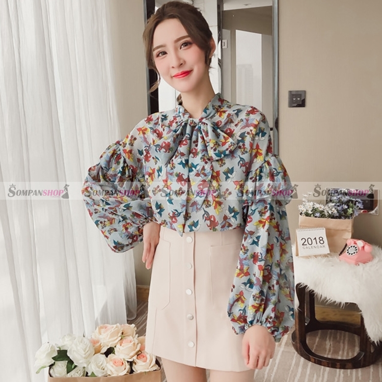 เสื้อเชิ้ตผู้หญิงสีเทา แขนยาว ลายดอกไม้ ผูกโบว์ที่คอเสื้อน่ารัก