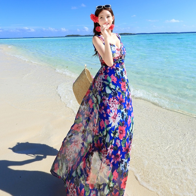 พร้อมส่ง !! ชุดใส่เที่ยวทะเล เดรสยาวลายดอกไม้สีน้ำเงิน ผ้าชีฟอง แฟชั่นชุดใส่เที่ยวทะเล ไอเดียชุดแต่งตัวไปเที่ยวทะเล ใครมีแพลนไปทะเลแต่ยังไม่ได้หาชุดต้องดู !