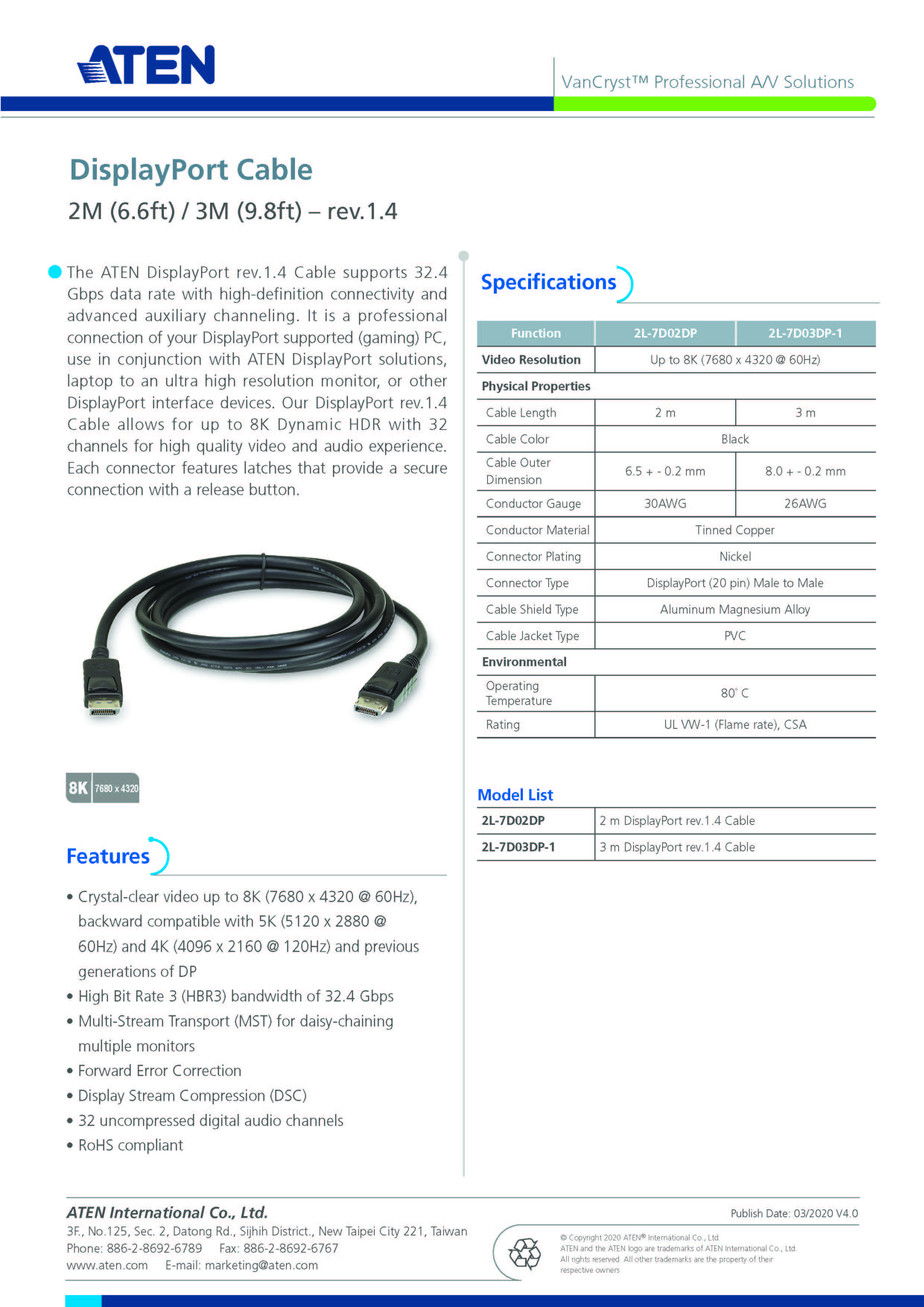 ATEN : 2L-7D03DP 3m Display Cable ความยาว 3 เมตร