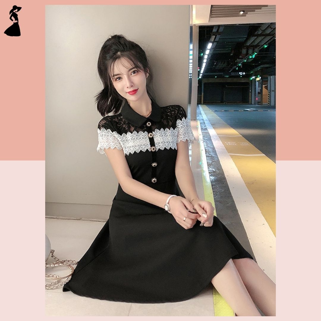 ชุดเดรสสั้นสีดำ แต่งลูกไม้ แนวเรียบร้อย สวยสุภาพ ใส่ทำงาน