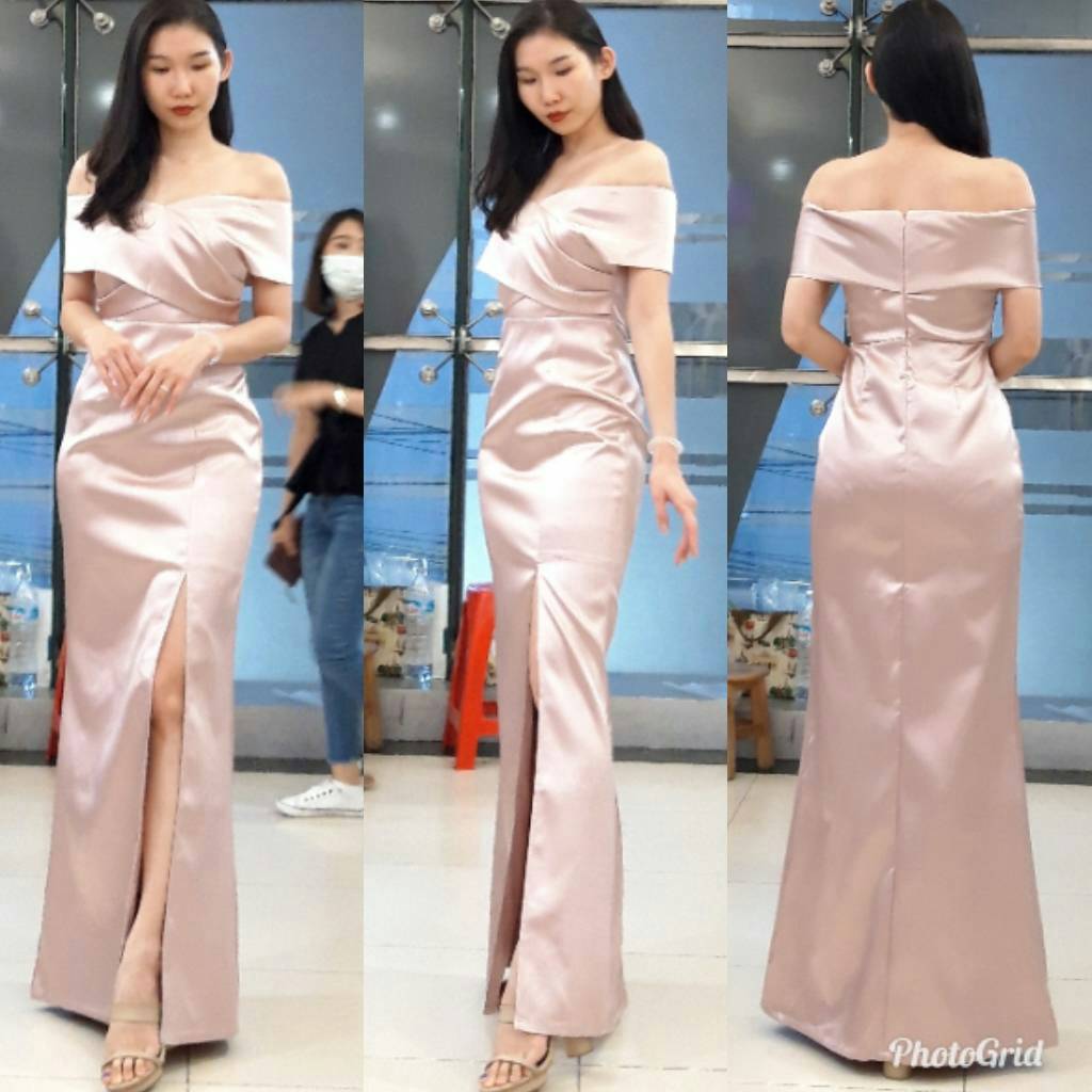 ชุดออกงาน/ชุดไปงานแต่งงานสีชมพูพิงค์โกลด์ เปิดไหล่ ทรงเข้ารูป กระโปรงยาวผ่าหน้า