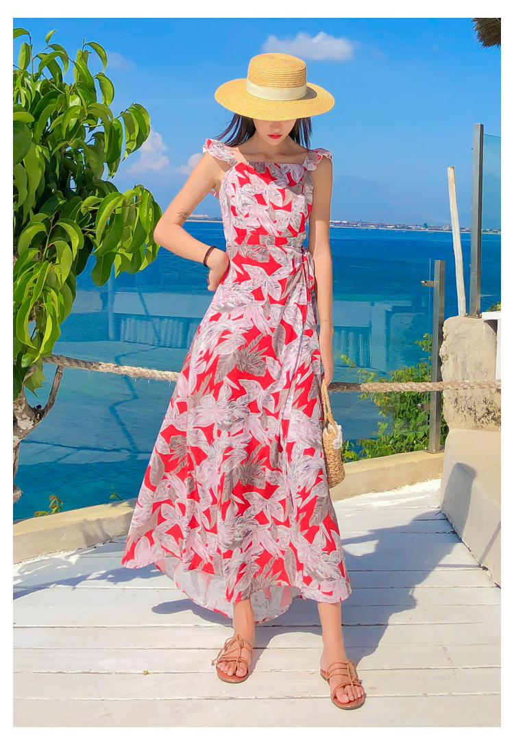 ชุดไปทะเล เดรสเที่ยวทะเล เดรสยาวสีแดงพิมพ์ลายสวยๆ เก๋ๆ
