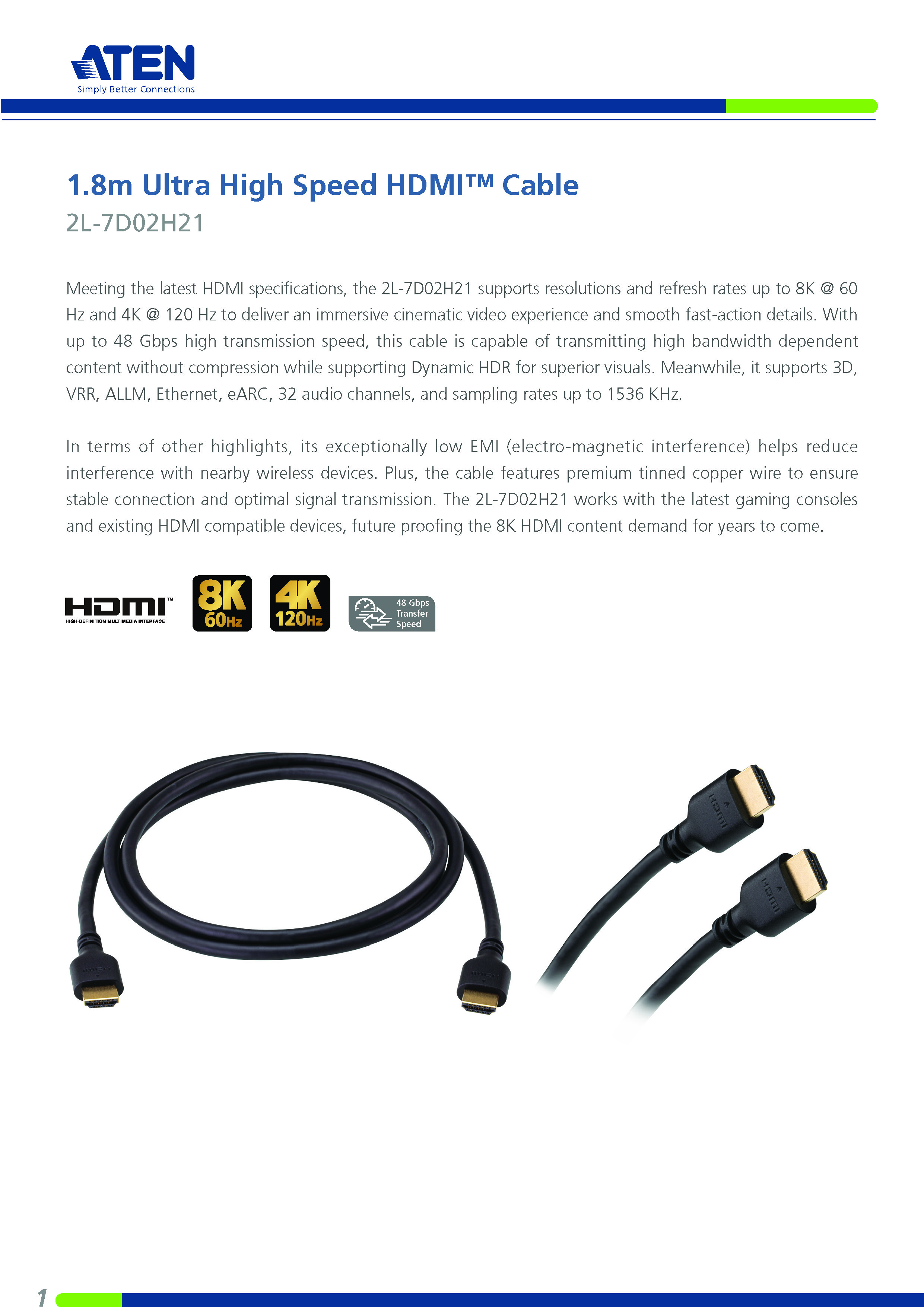 ATEN : 2L-7D02H21 1.8M 8K Ultra High Speed HDMI™ V2.1 Cable ความยาว 1.8 เมตร