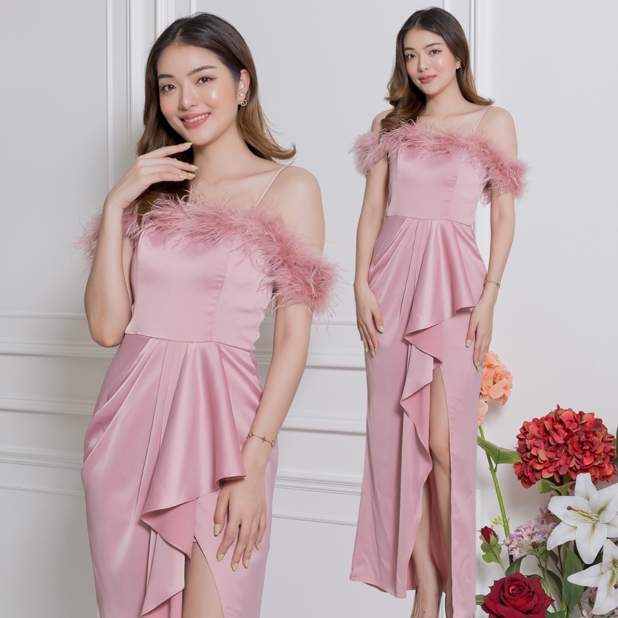 ชุดราตรียาวสีชมพู ทรงปาดไหล่ แต่งขนนก เหมาะสำหรับใส่เป็นชุดราตรี ชุดไปงานแต่งงาน ชุดเพื่อนเจ้าสาว ชุดไปงานเลี้ยงต่างๆ