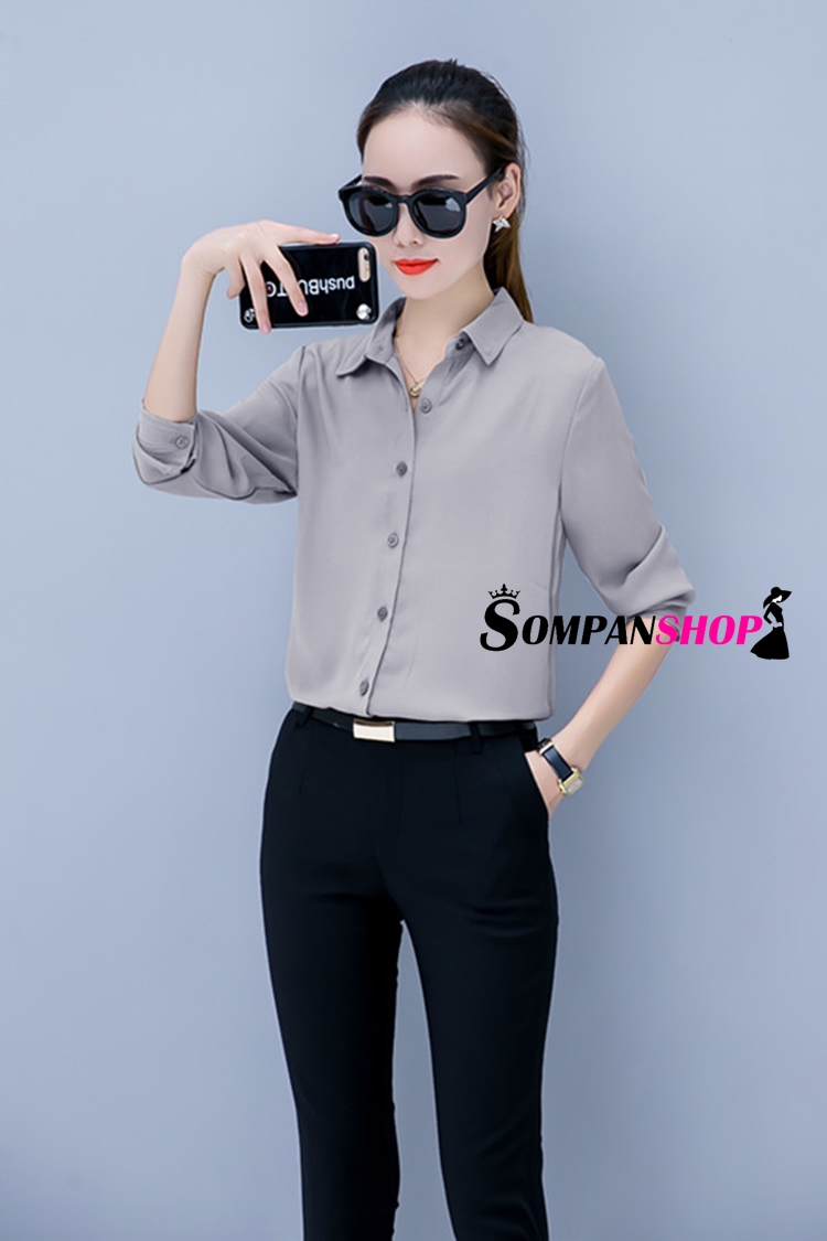 เสื้อเชิ้ตผู้หญิงทำงานสีเทา แขนยาว กระดุมหน้า ผ้าชีฟอง