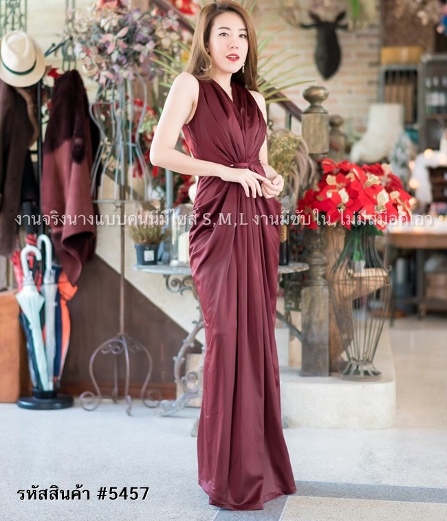 ชุดออกงานราตรีสีแดงไวน์ รวบเอว เรียบหรู ดูแพง ใส่ออกงานราตรี งานแต่งงาน ธีมเพื่อนเจ้าสาวงานกลางคืน