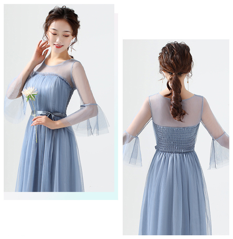 ชุดราตรี ชุดออกงาน ชุดไปงานแต่งงานสีฟ้าอมเทา แขนสามส่วน กระโปรงยาวทรงบาน ลุคเจ้าหญิง