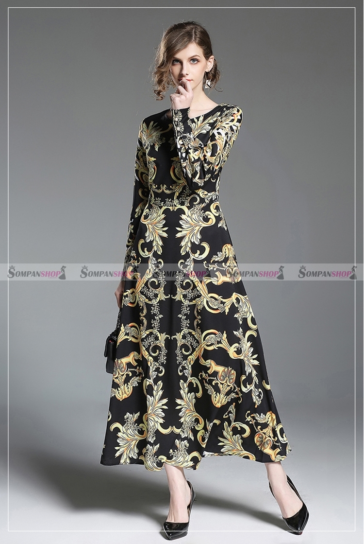 ชุดเดรสยาวสีดำพิมพ์ลายสวยๆ แขนยาว กระโปรงบาน ลุคสวยเก๋ ดูดี ( สินค้าพร้อมส่ง )