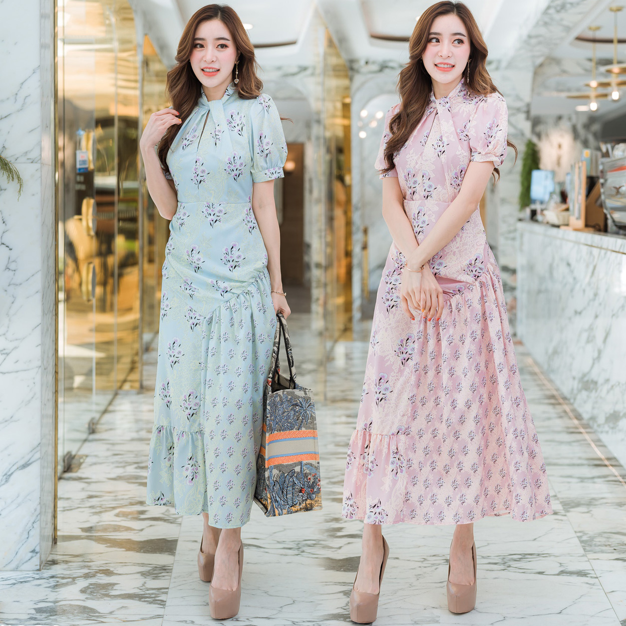 ชุดเดรสยาวลายดอกไม้ สี : ชมพู,ฟ้า
