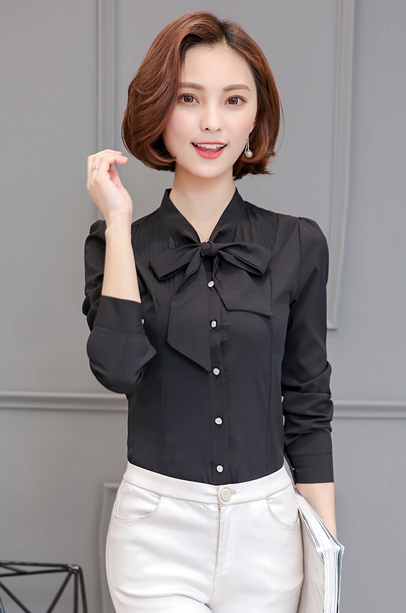 Sale เสื้อเชิ้ตผู้หญิงสีดำ แขนยาว คอผูกโบว์ กระดุมหน้า