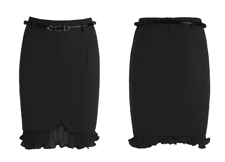 กระโปรงสั้นสีดำ ทรงเอเข้ารูป แต่งจีบระบายปลายกระโปรง