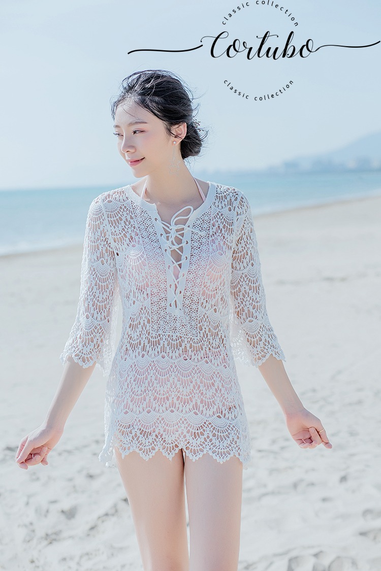 เสื้อลูกไม้สีขาวใส่เที่ยวทะเล ตัวยาวซีทรู