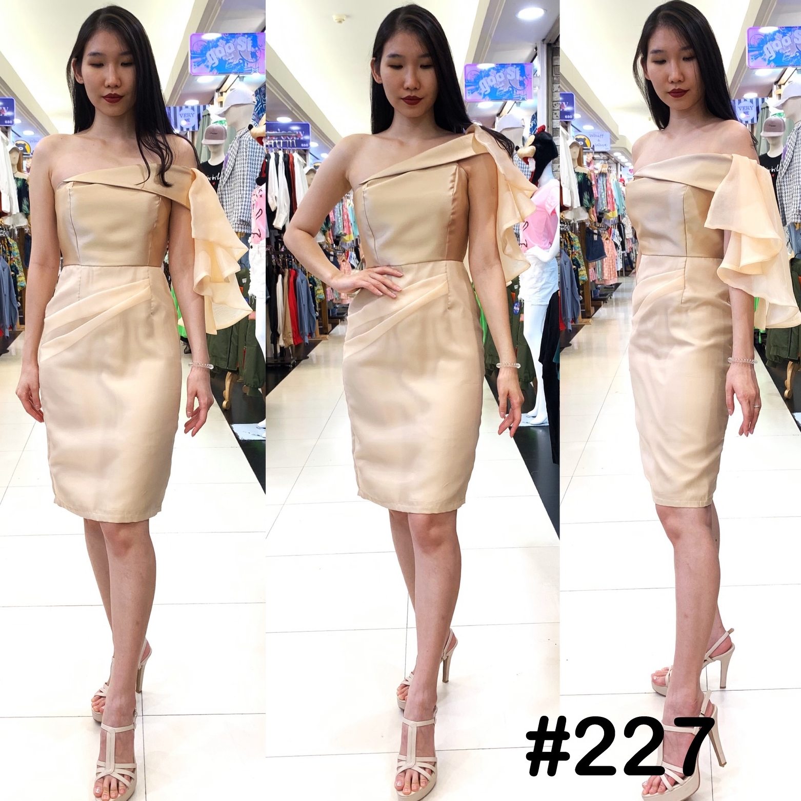 ชุดราตรี ชุดออกงาน ชุดไปงานแต่งงานสีทอง ไหล่เฉียงข้างแต่งระบายผ้าไหมแก้ว ชุดทรงเข้ารูป กระโปรงสั้นทรงสอบ