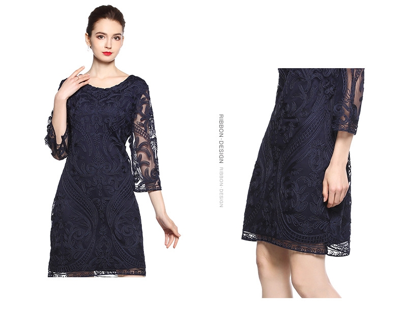 ชุดเดรสสั้นลูกไม้สีน้ำเงินกรมท่า แขนยาว