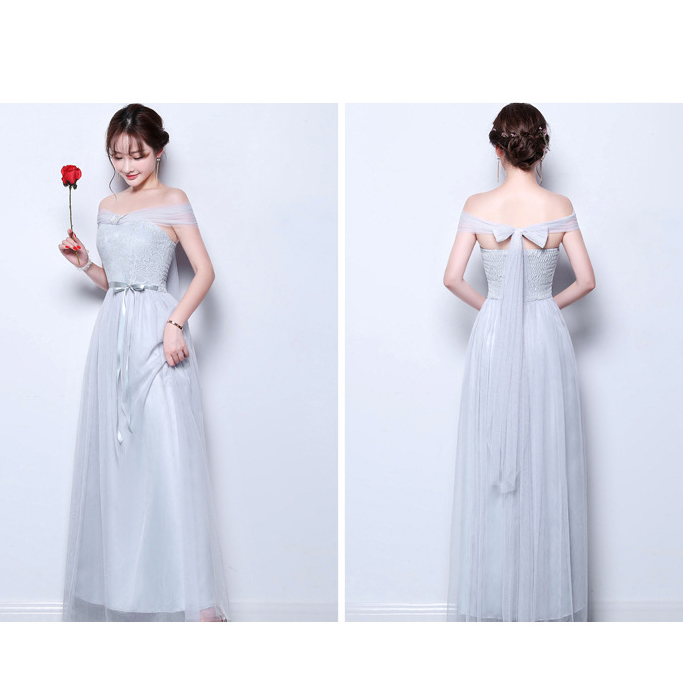 ชุดราตรียาวสีเทา เปิดไหล่ผูกโบว์หลังน่ารักๆ กระโปรงยาวทรงบาน