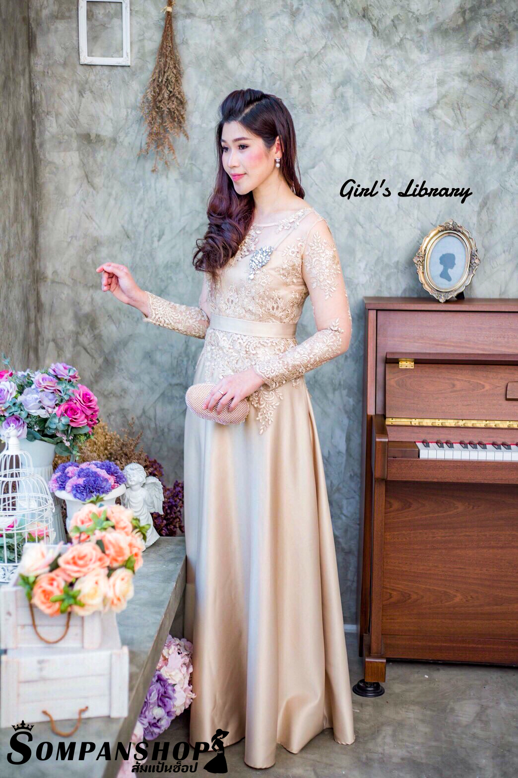 ชุดออกงานราตรียาวสีทอง ปักลูกไม้ แขนยาว กระโปรงยาวผ้าไหมอิตาลี เรียบหรูดูแพง ชุดไปงานแต่งผู้ใหญ่