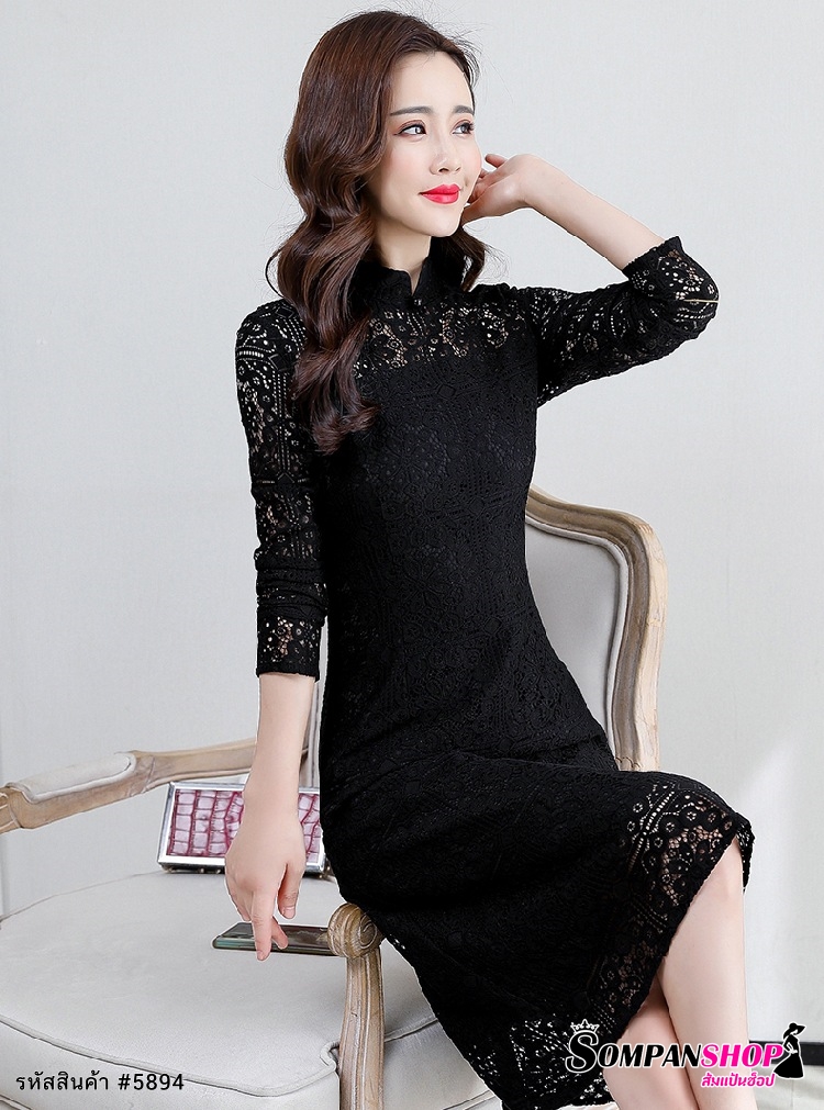 ชุดเดรสสั้นลูกไม้สีดำ คอจีน แขนยาว แนวเรียบหรู สวยดูดี สุภาพ