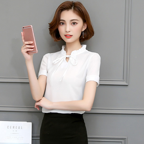 เสื้อเชิ้ตผู้หญิงทำงานสีขาว แขนสั้น คอจีบ