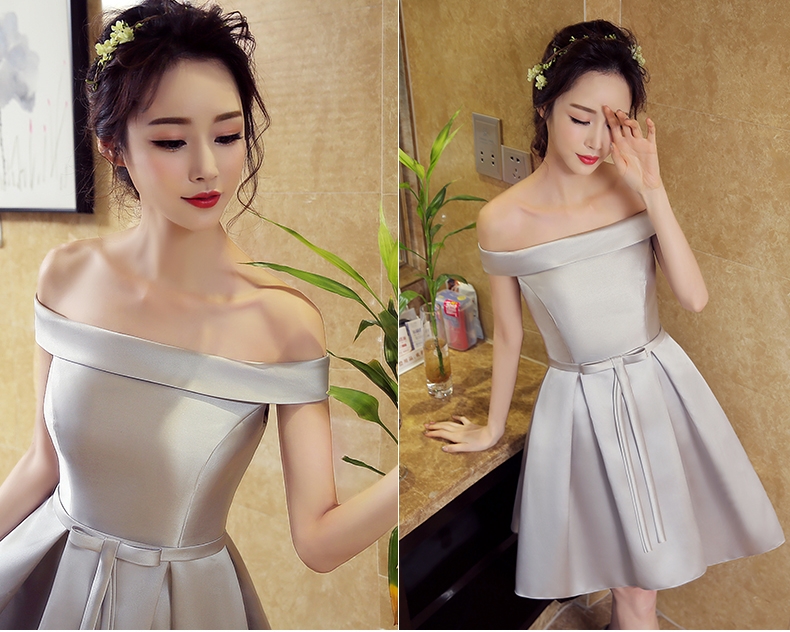 SALE ชุดออกงานสั้นสีเทา เปิดไหล่ กระโปรงทรงบาน สวยหรู น่ารัก สไตล์เจ้าหญิง