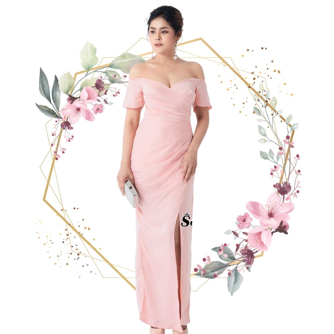 ชุดออกงานสีโอรส เดรสยาวเปิดไหล่ปิดต้นแขน แนวเรียบหรู สวย ดูดี ใส่เป็นชุดราตรี ชุดออกงาน ชุดไปงานแต่งงาน กลางวัน กลางคืน