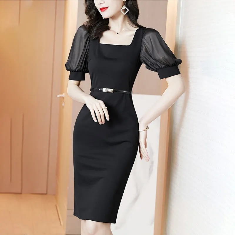 ชุดเดรสสีดำ เดรสสั้นสีดำ ทรงเอเข้ารูป แขนสั้น สวยสุภาพ เรียบหรูดูดี ดูแพง